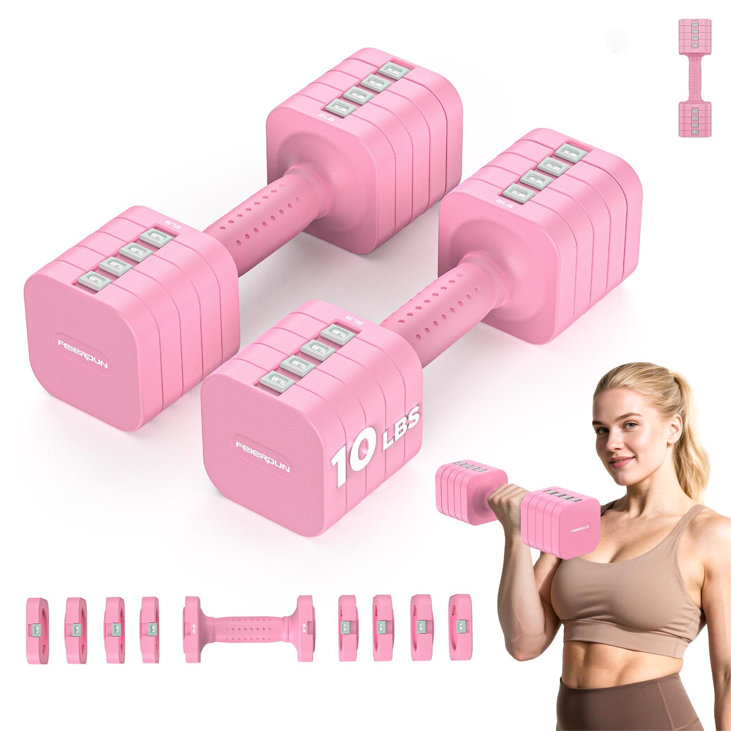 FEIERDUN 5-in-1 Adjustable Dumbbell Set of 2, 20LBS/10LBS Hand Weights for Women, 1s-Adjust Dual-Stable Dumbbell Set for Women Home Gym & Outdoor