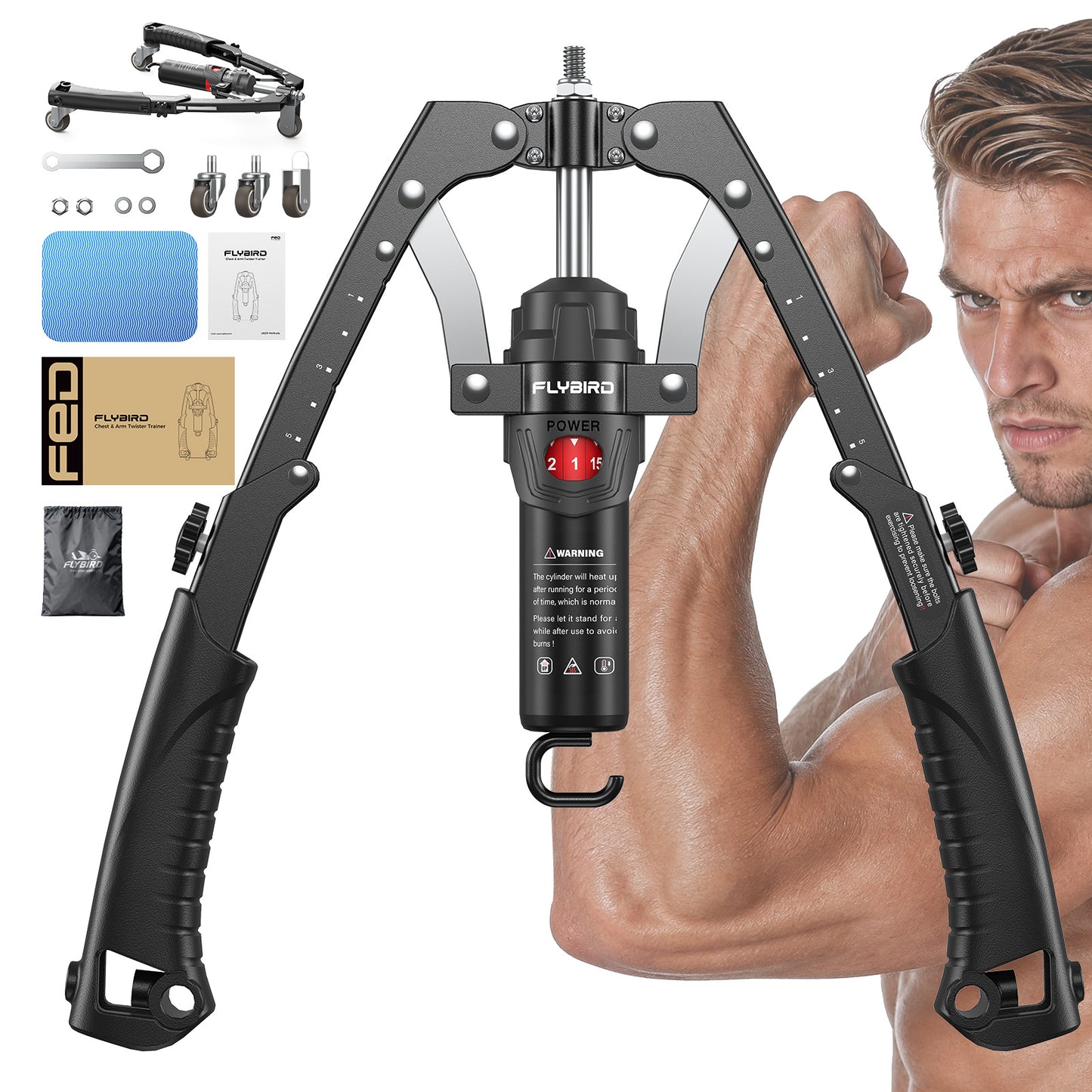 FLYBIRD 2-in-1 Twister Arm Trainer with Ab Roller Wheel, Adjustable 22-440lbs Hydraulic Power Chest