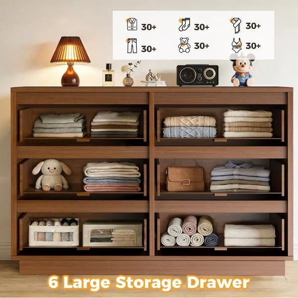 KOLIGEY 6-Drawer Dresser 47"W Double Brown Dresser With Waveform Fluted Panel