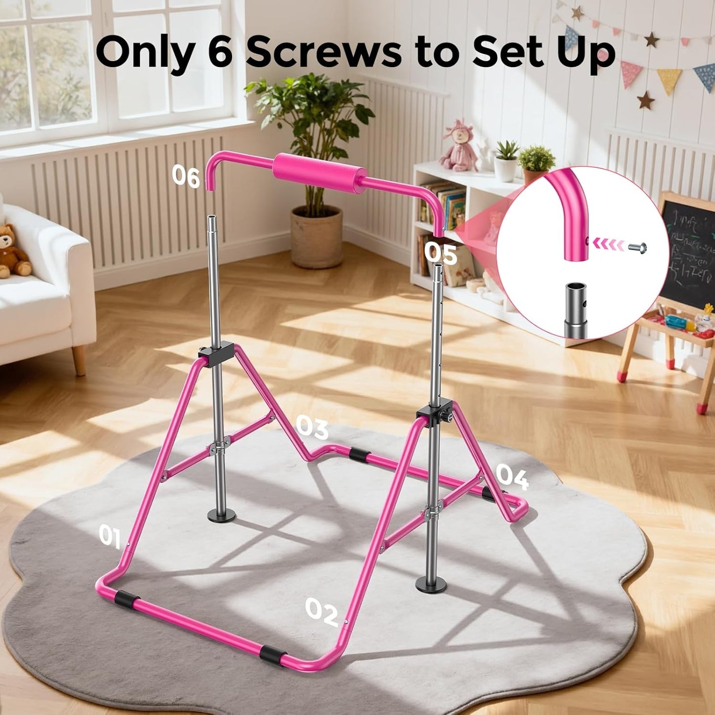 Sportsroyals Gymnastics Bar for Kids,Adjustable Height Gymnastic Horizontal Bars,Folding Gymnastic Junior Training Kip Bar for Home, Pink