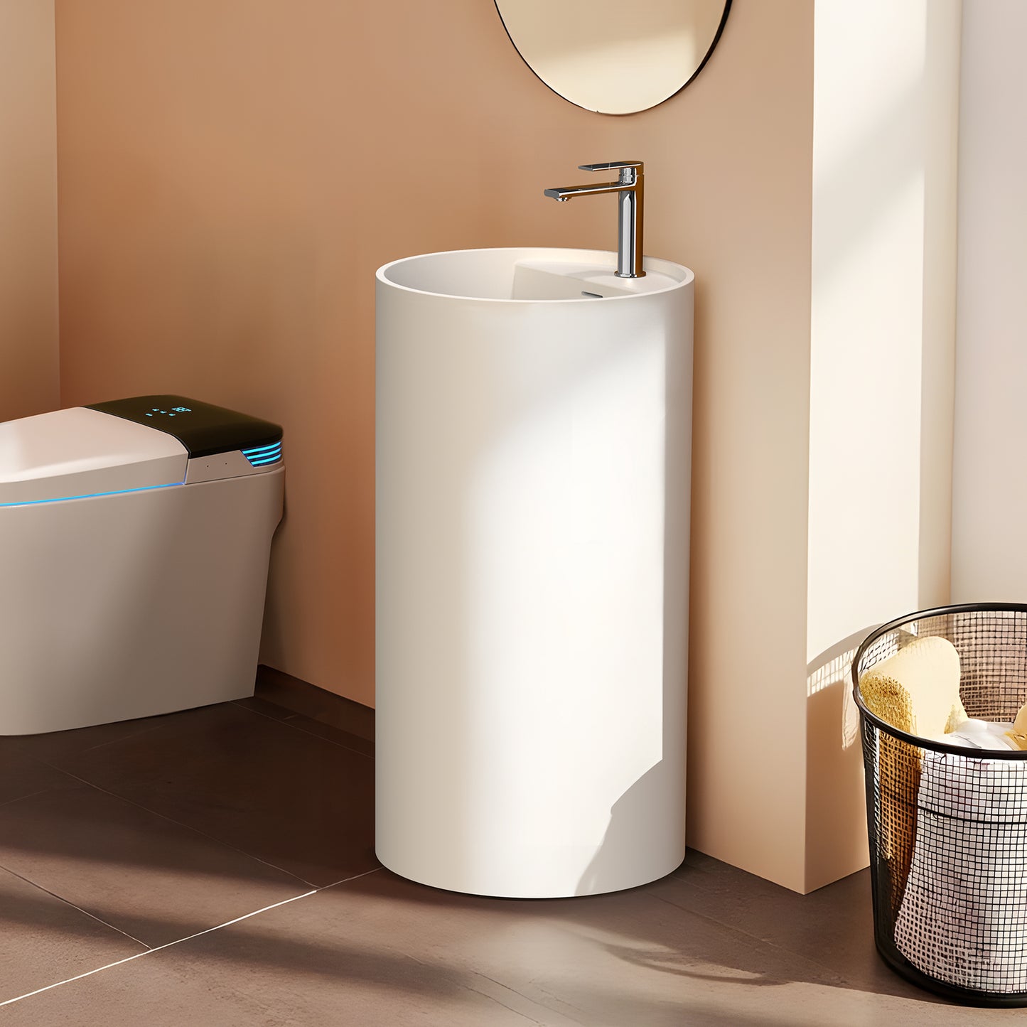 KOLIGEY 33.5'' Tall Solid Surface Circular Pedestal Bathroom Sink, Modern Pedestal Sink with Overflow B040