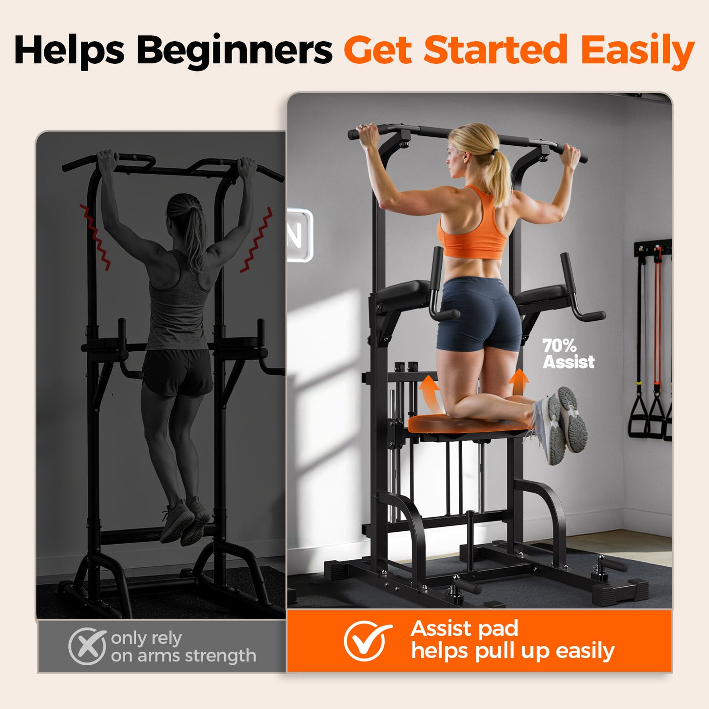 FED Fitness Assisted Power Tower Pull Up Station,450LBS Heavy Duty Pull Up Bar with Adjustable Assisted Pad,Multi-Function Dip Station for Home Gym