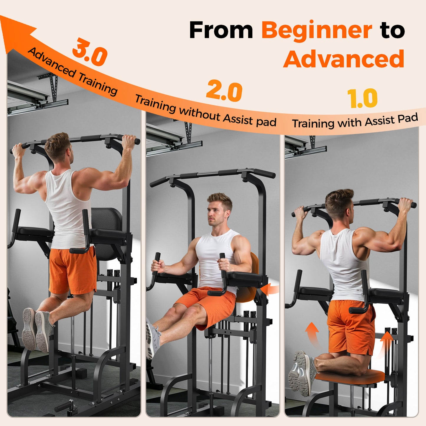 FED Fitness Assisted Power Tower Pull Up Station,450LBS Heavy Duty Pull Up Bar with Adjustable Assisted Pad,Multi-Function Dip Station for Home Gym