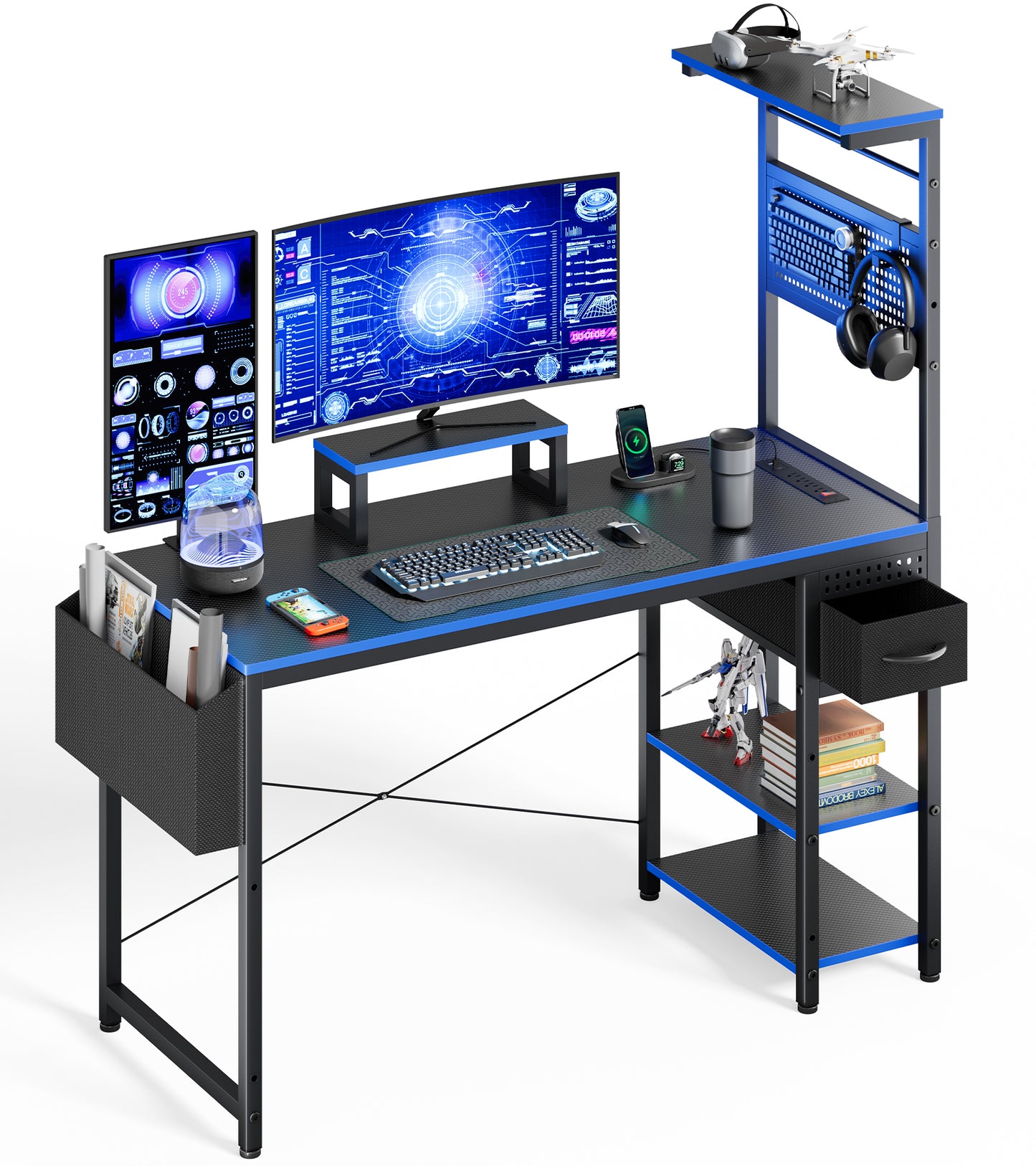 KOLIGEY Computer Desk with Adjustable Storage Rack & LED Lights, 47 Inch Gaming Desk