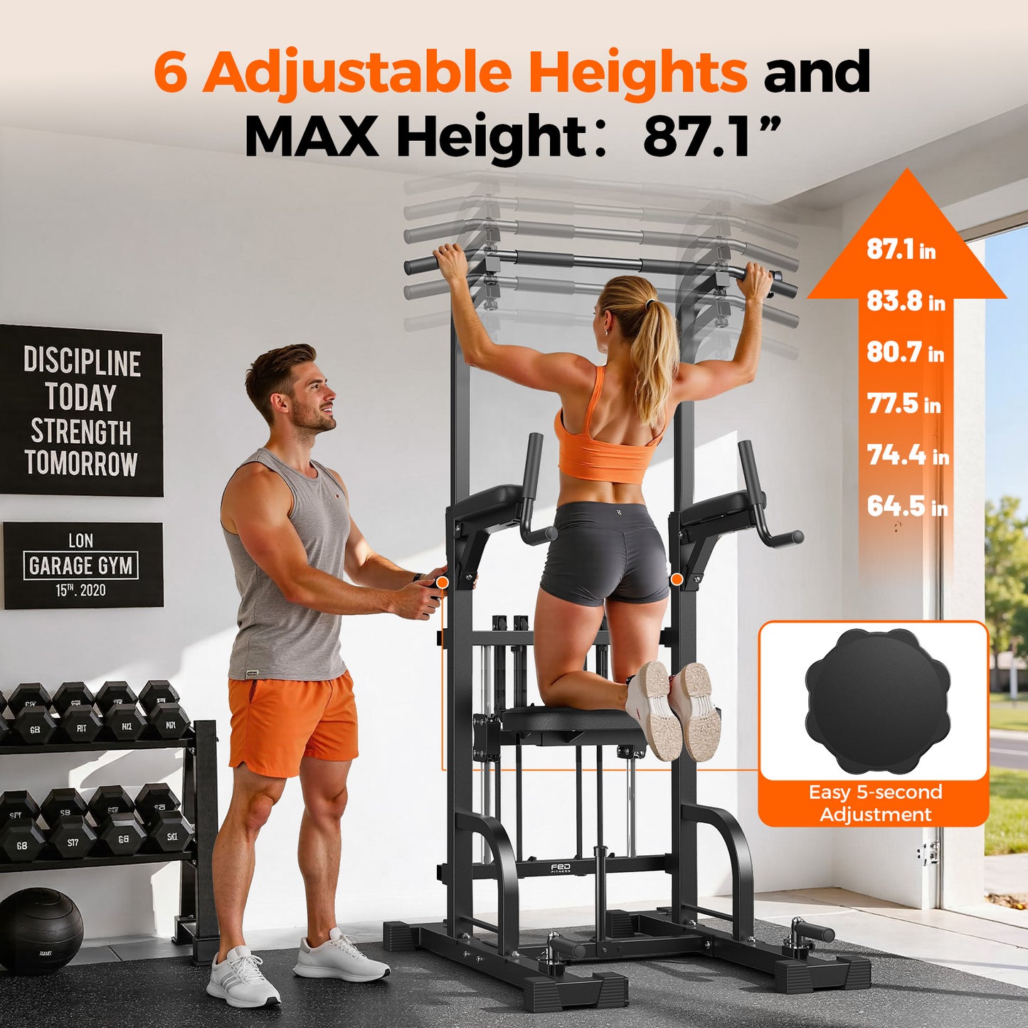 FED Fitness Assisted Power Tower Pull Up Station,450LBS Heavy Duty Pull Up Bar with Adjustable Assisted Pad,Multi-Function Dip Station for Home Gym