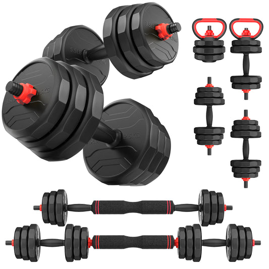 FED FITNESS 55/70/90 LBS Adjustable Dumbbell Set, 5-in-1 Free Weight Set with Barbell Connector, Kettlebell, Push-Up Stand and Weight Plates for Home Gym Use