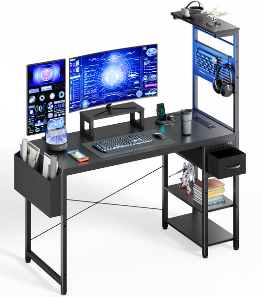 KOLIGEY Computer Desk with Adjustable Storage Rack & LED Lights, 47 Inch Gaming Desk