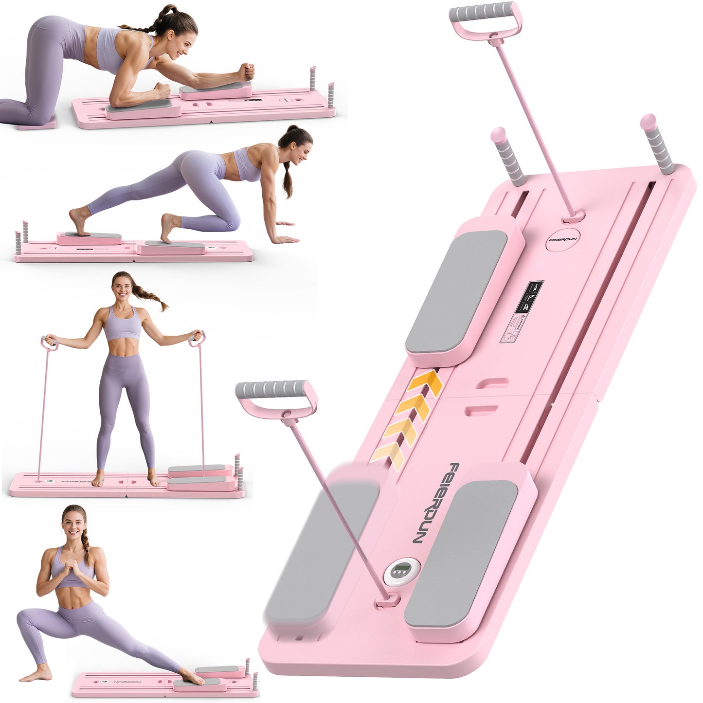 FEIERDUN 5 in 1 Folding Pilates Board, Pilates Reformer Set with 300 LBS Weight Capacity, Portable Home Pilates for Woman (Pink)