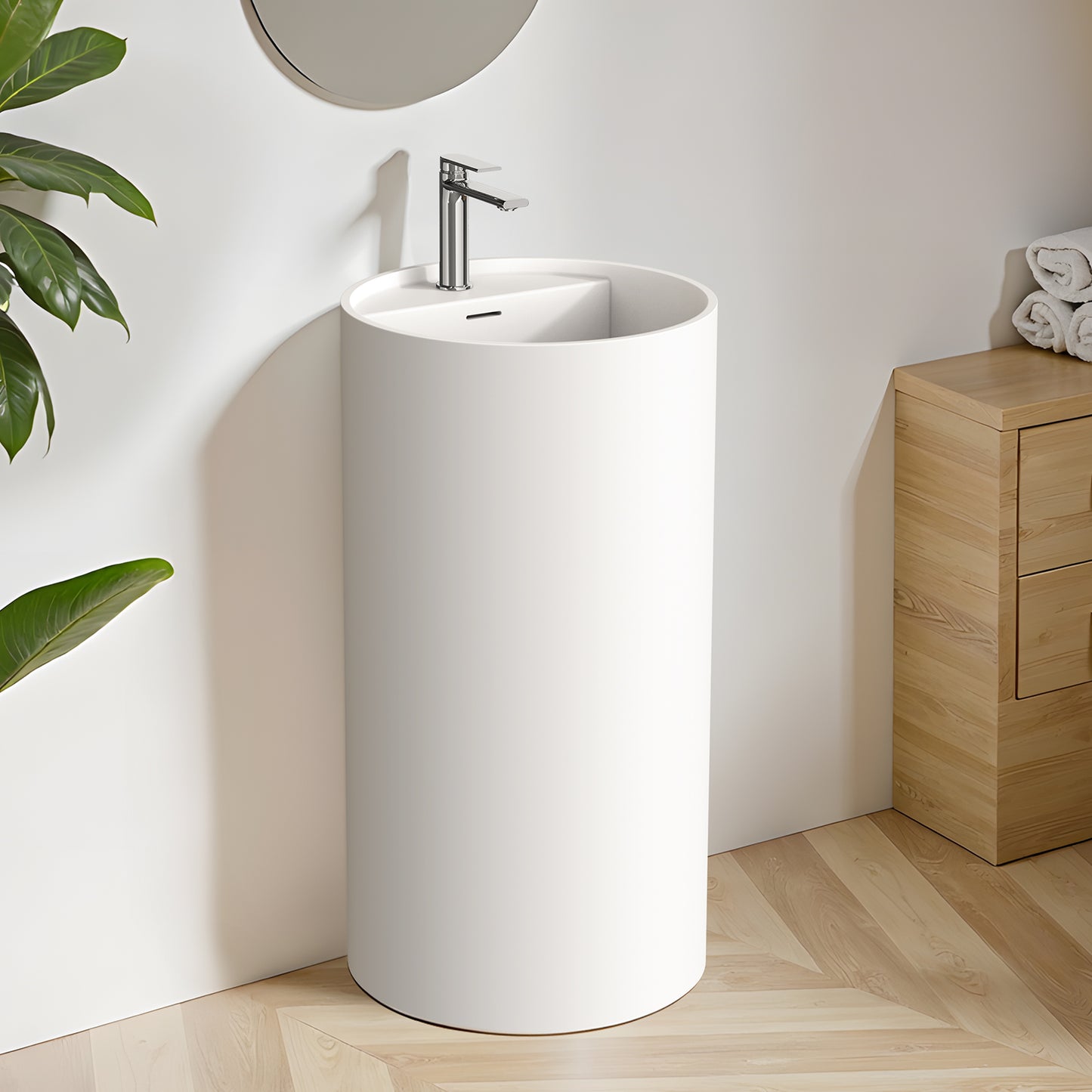 KOLIGEY 33.5'' Tall Solid Surface Circular Pedestal Bathroom Sink, Modern Pedestal Sink with Overflow B040