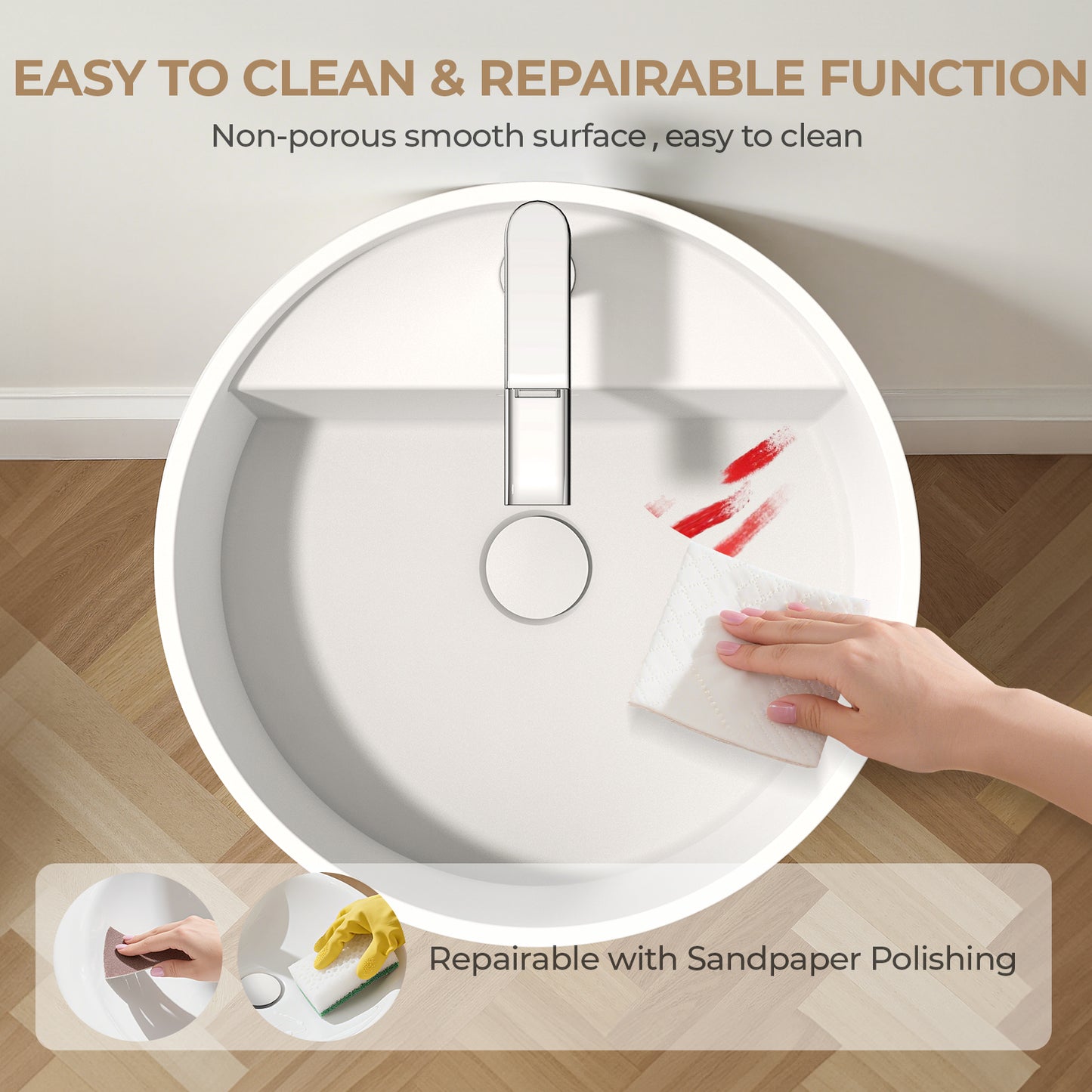 KOLIGEY 33.5'' Tall Solid Surface Circular Pedestal Bathroom Sink, Modern Pedestal Sink with Overflow B040