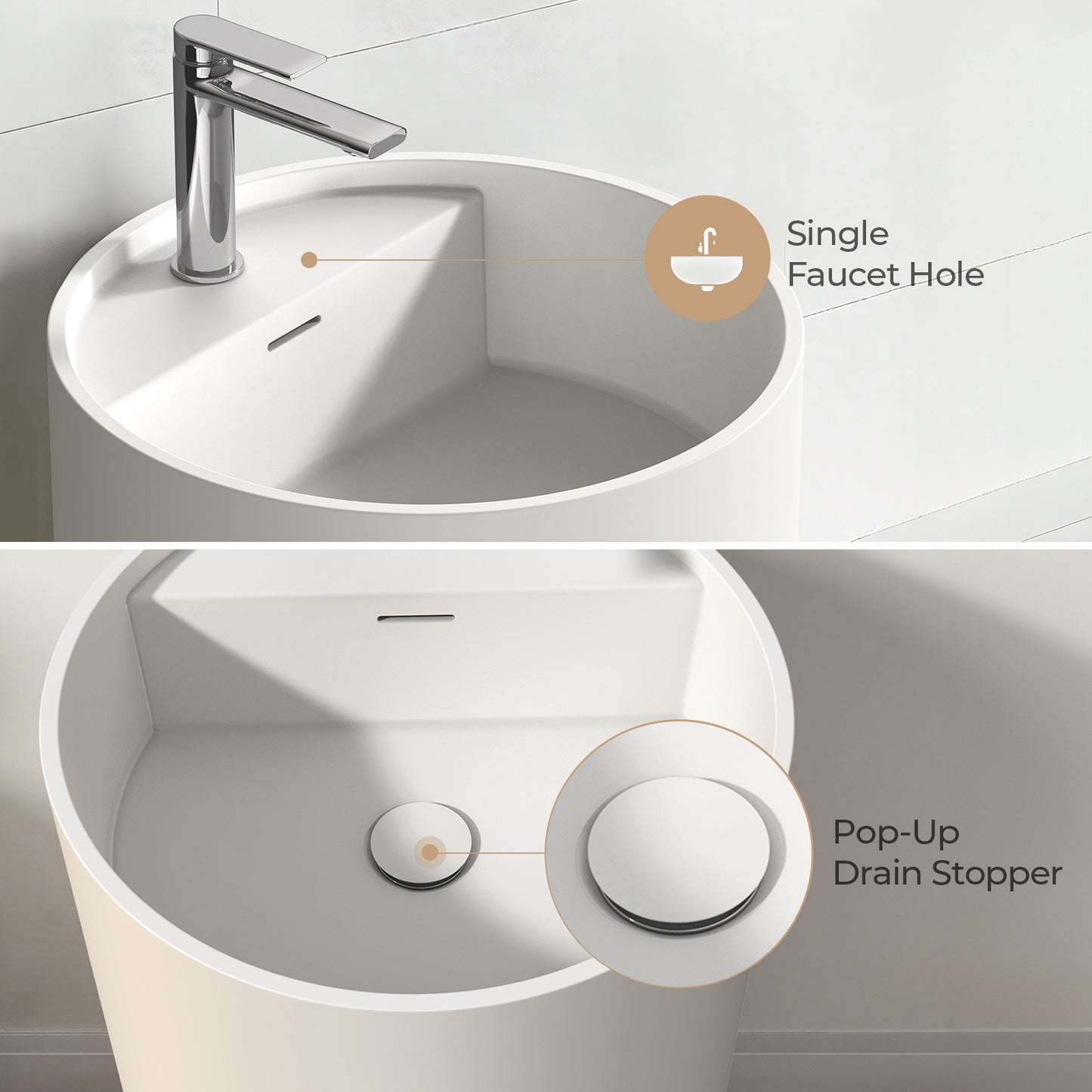 KOLIGEY 33.5'' Tall Solid Surface Circular Pedestal Bathroom Sink, Modern Pedestal Sink with Overflow B040