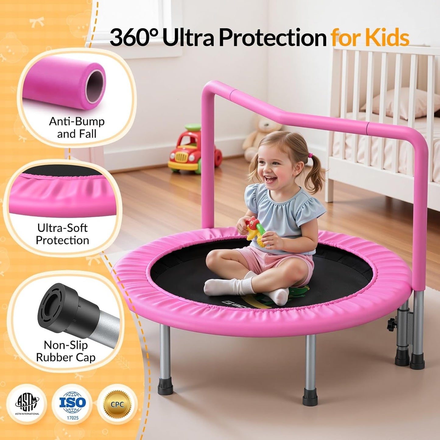 BCAN 36'' Toddler Trampoline - Kids Trampoline for Ages 1-6, Foam Handle & Safe Thickened Cover
