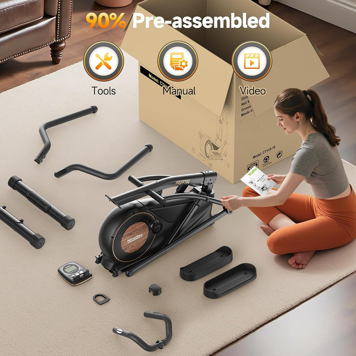 Niceday Elliptical Exercise Machine with 15.5/18/19IN Long Stride | Compact Elliptical Machine for Home Use, 16 Resistance Levels; 400LBS Stable Loading Capacity; Kinomap APP Support