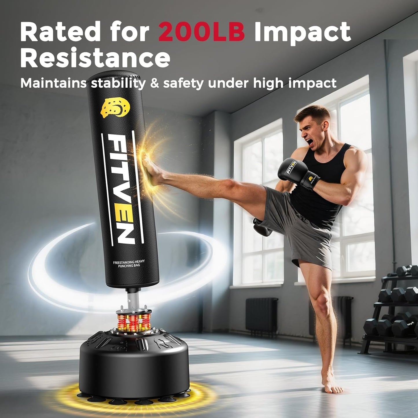 FITVEN Freestanding Punching Bag with Boxing Gloves Heavy Boxing Bag with Suction Cup Base - Men Stand Kickboxing Bag