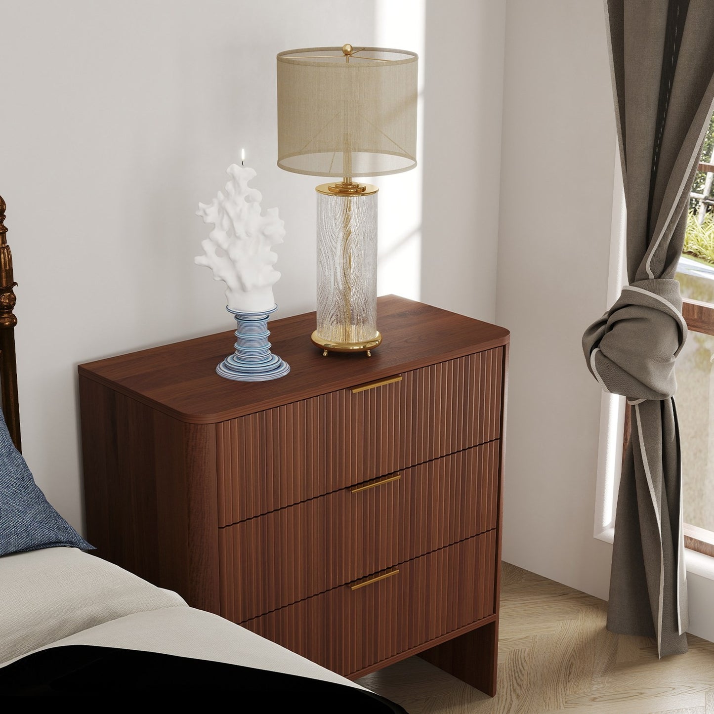 Wooden Cabinet with 3 Drawers Wavy Pattern Modern Bedside Cupboard Dressing Table for Bedroom 78CM Long Walnut Color
