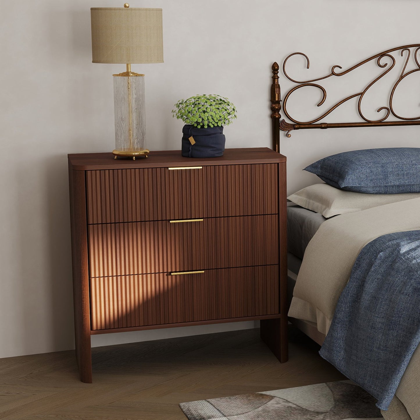 Wooden Cabinet with 3 Drawers Wavy Pattern Modern Bedside Cupboard Dressing Table for Bedroom 78CM Long Walnut Color