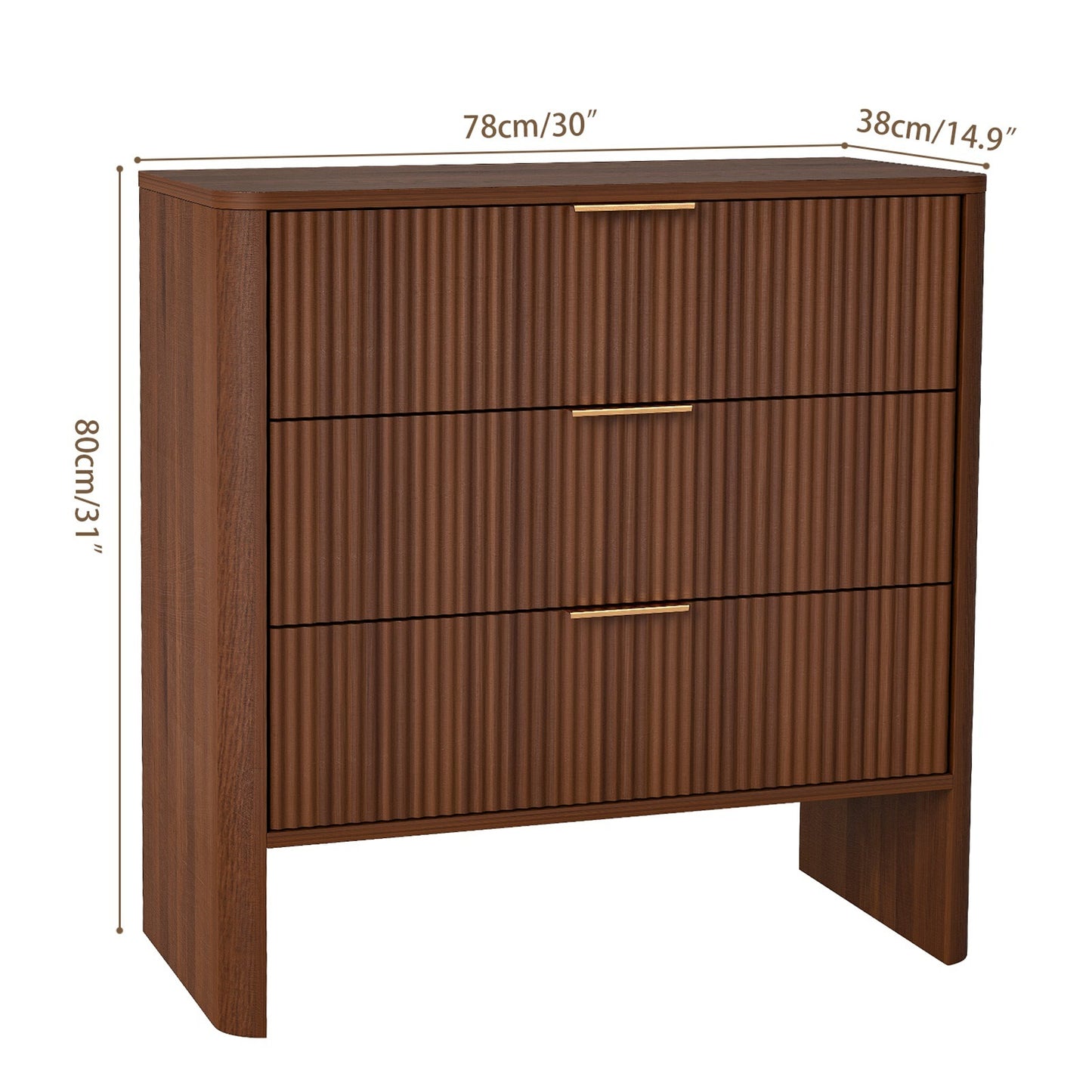 Wooden Cabinet with 3 Drawers Wavy Pattern Modern Bedside Cupboard Dressing Table for Bedroom 78CM Long Walnut Color