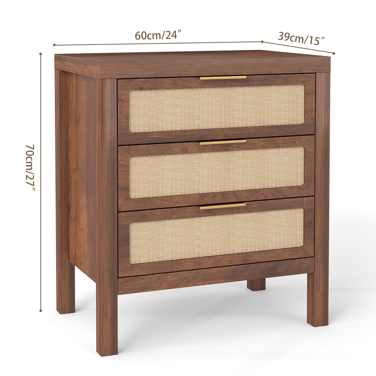 KOLIGEY Bedside Table 3 Layers Large Capacity Drawer Design Multifunctional Wooden Night Stand for Bedroom Walnut color