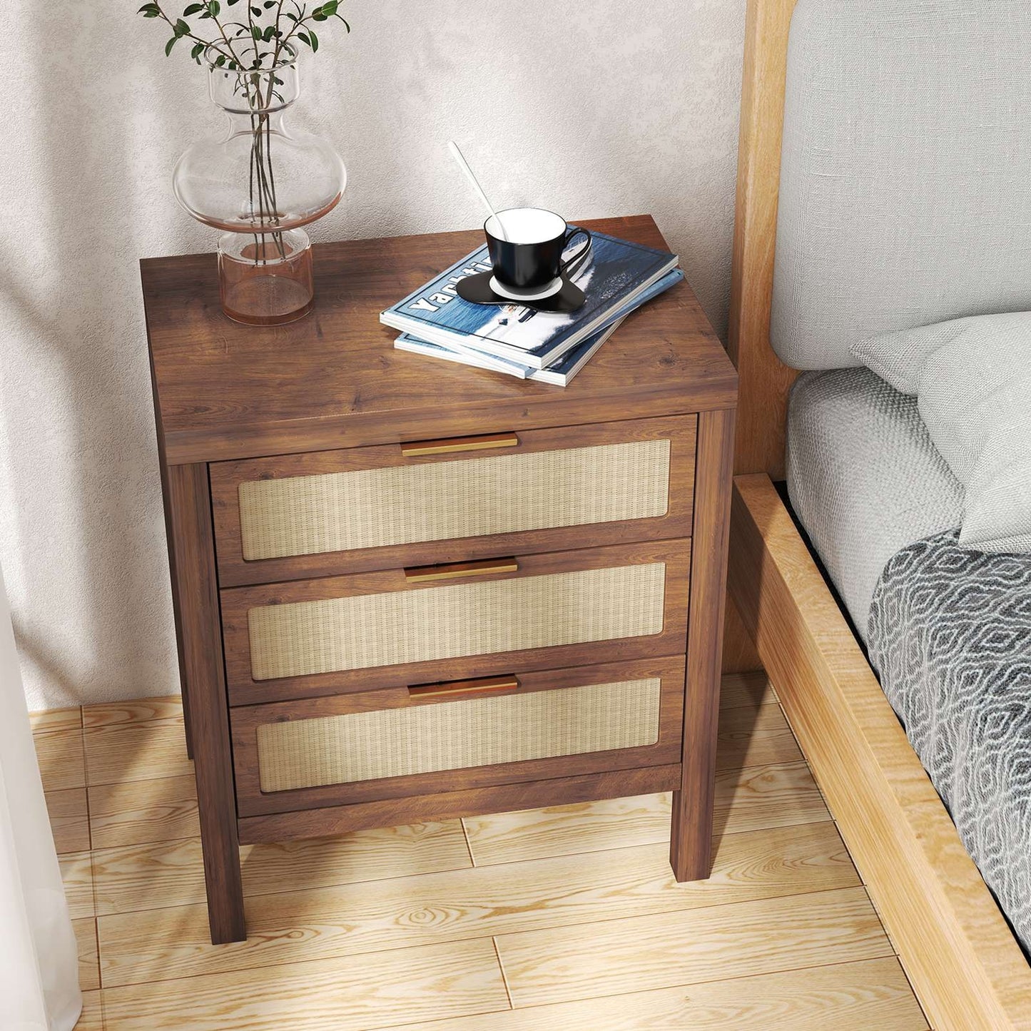 KOLIGEY Bedside Table 3 Layers Large Capacity Drawer Design Multifunctional Wooden Night Stand for Bedroom Walnut color