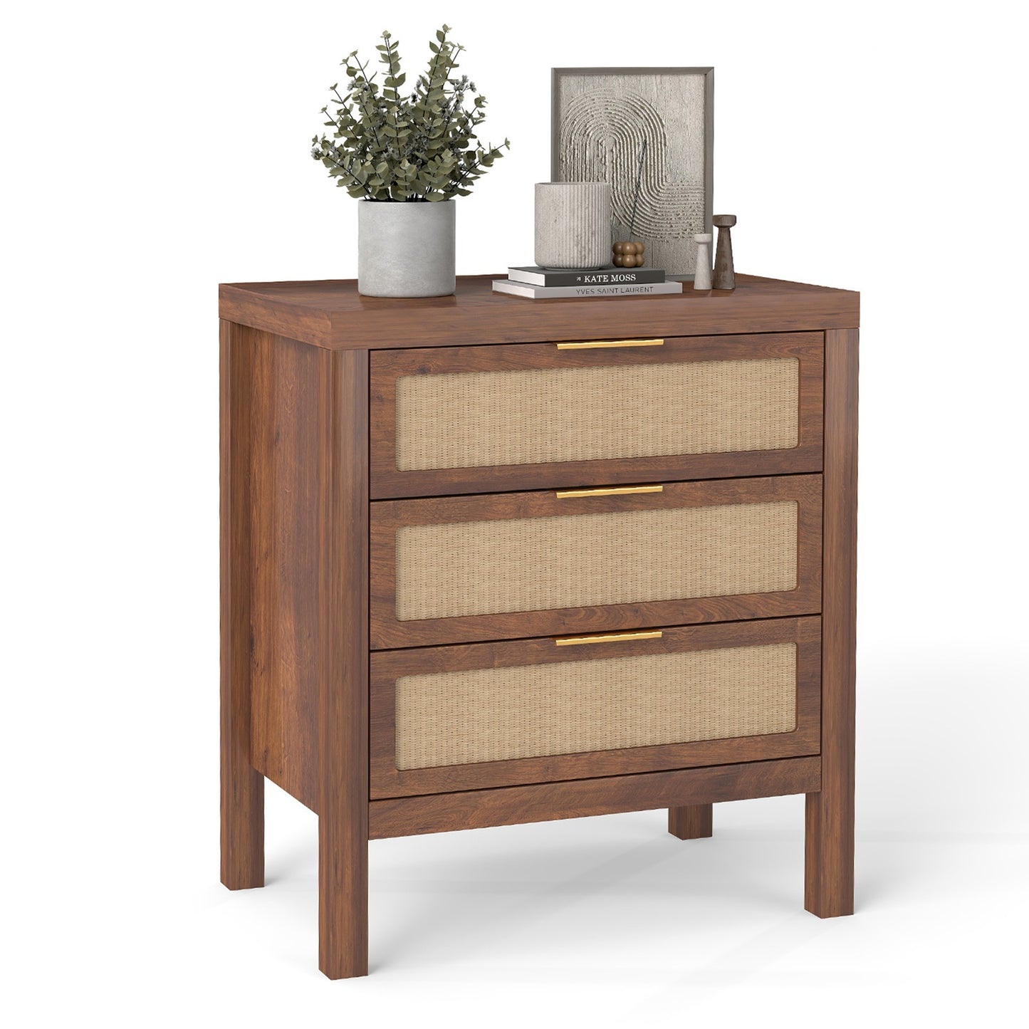 KOLIGEY Bedside Table 3 Layers Large Capacity Drawer Design Multifunctional Wooden Night Stand for Bedroom Walnut color