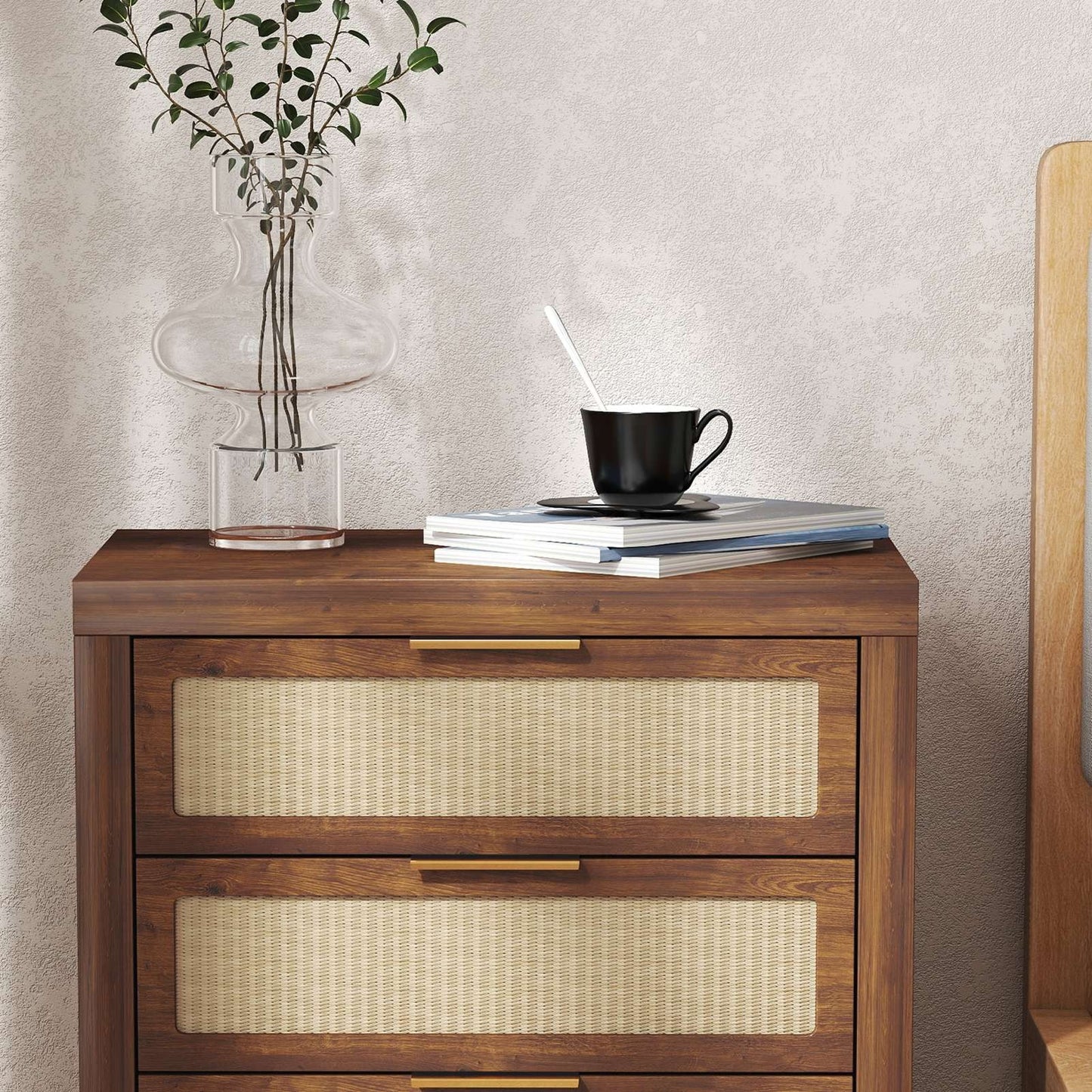 KOLIGEY Bedside Table 3 Layers Large Capacity Drawer Design Multifunctional Wooden Night Stand for Bedroom Walnut color