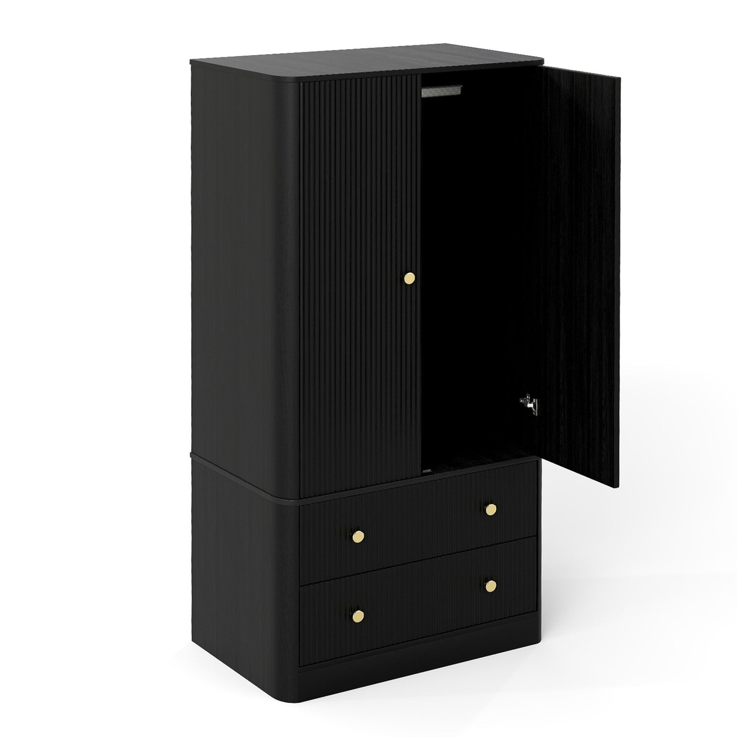 Clothing Wardrobe 2 Doors 2 Drawers Elegant Wooden Freestanding Storage Cabinet for Bedroom Living Room Office Walnut