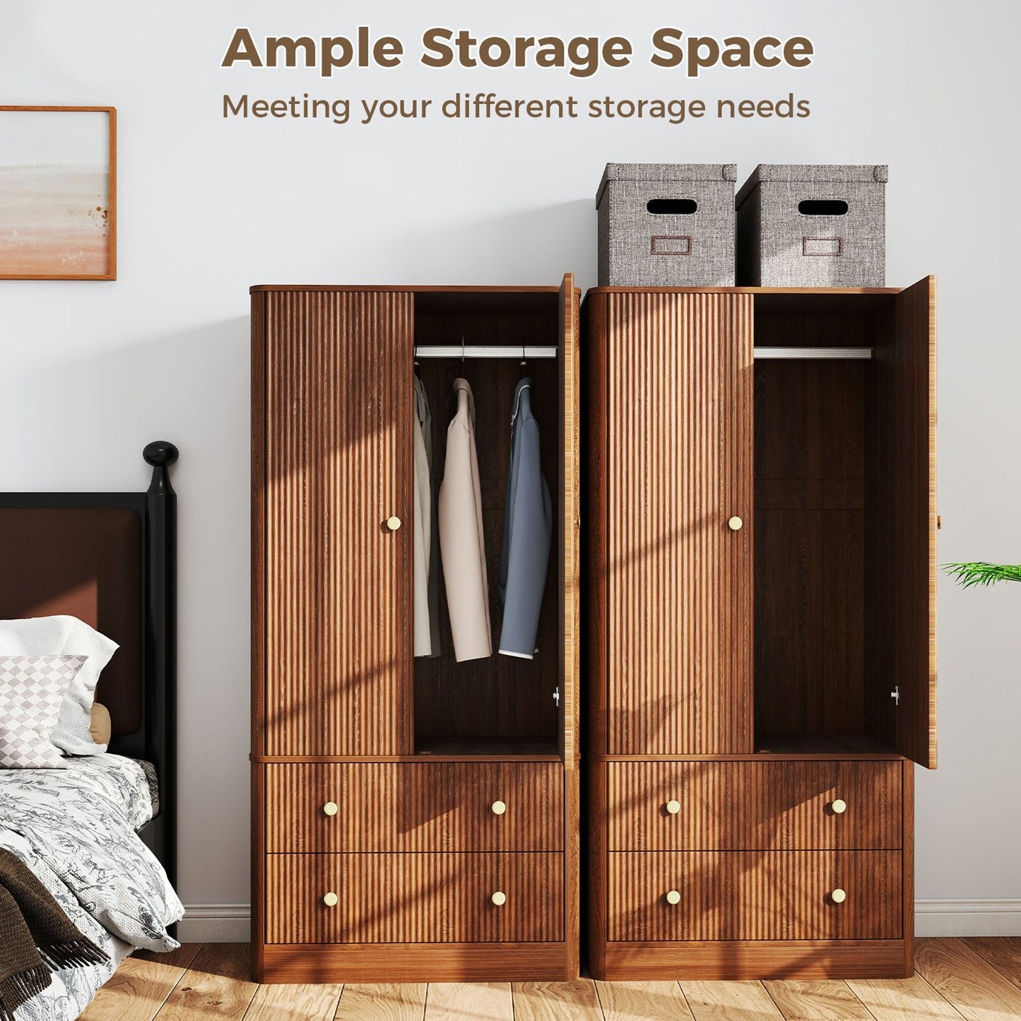 Clothing Wardrobe 2 Doors 2 Drawers Elegant Wooden Freestanding Storage Cabinet for Bedroom Living Room Office Walnut