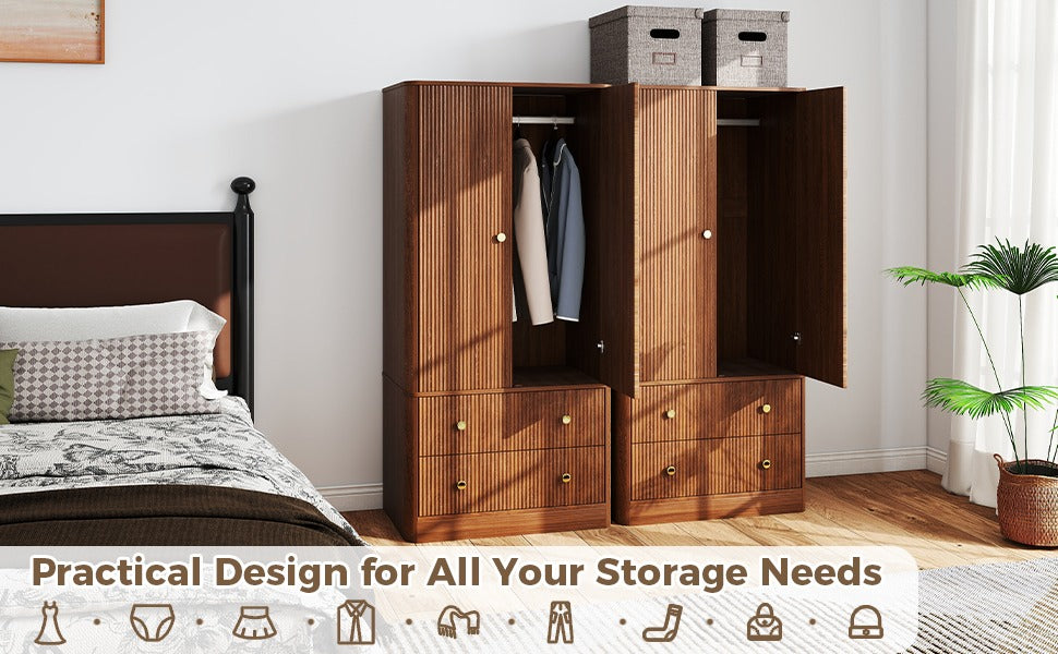 Clothing Wardrobe 2 Doors 2 Drawers Elegant Wooden Freestanding Storage Cabinet for Bedroom Living Room Office Walnut