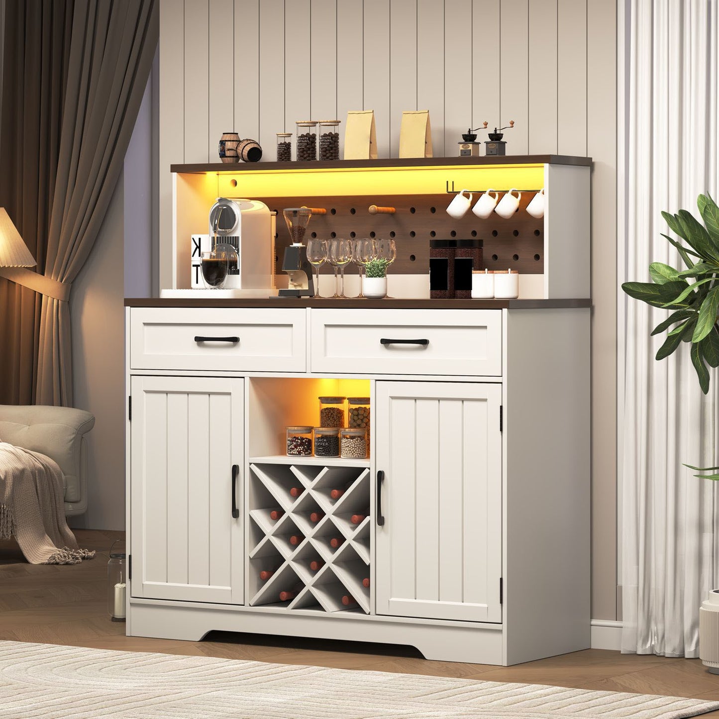 Two-door, three-drawer high-sideboard cabinet 01 US standard, dark walnut panel with white cabinet body