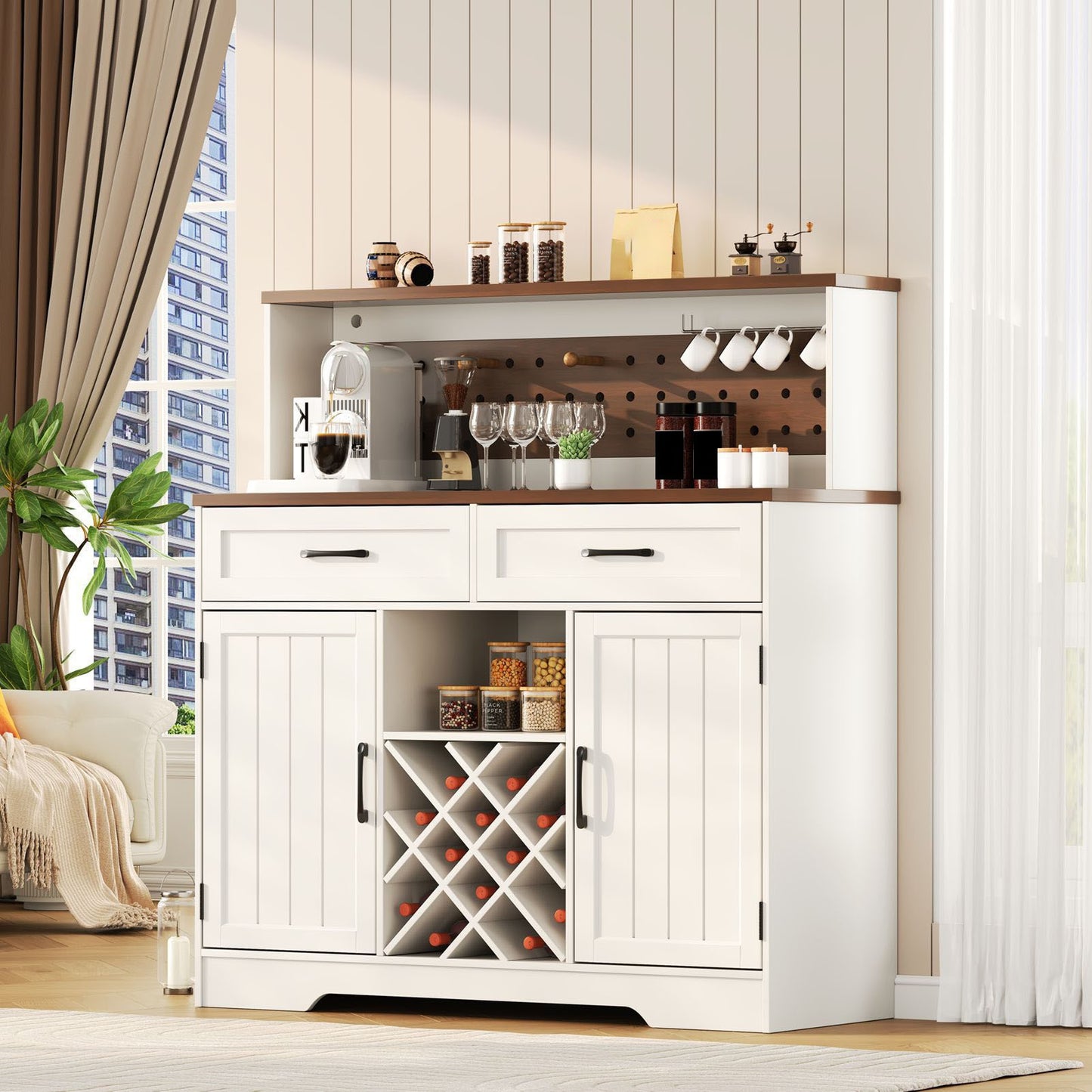 Two-door, three-drawer high-sideboard cabinet 01 US standard, dark walnut panel with white cabinet body