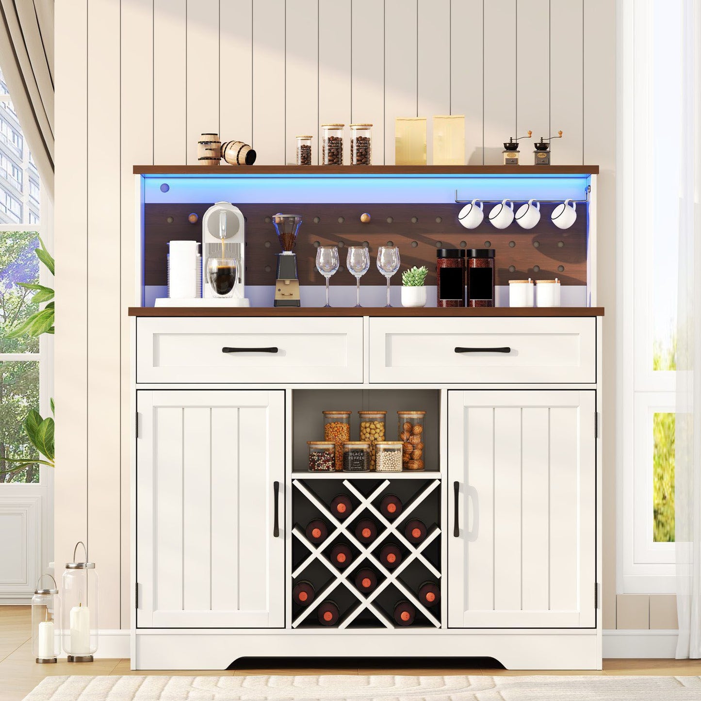 Two-door, three-drawer high-sideboard cabinet 01 US standard, dark walnut panel with white cabinet body