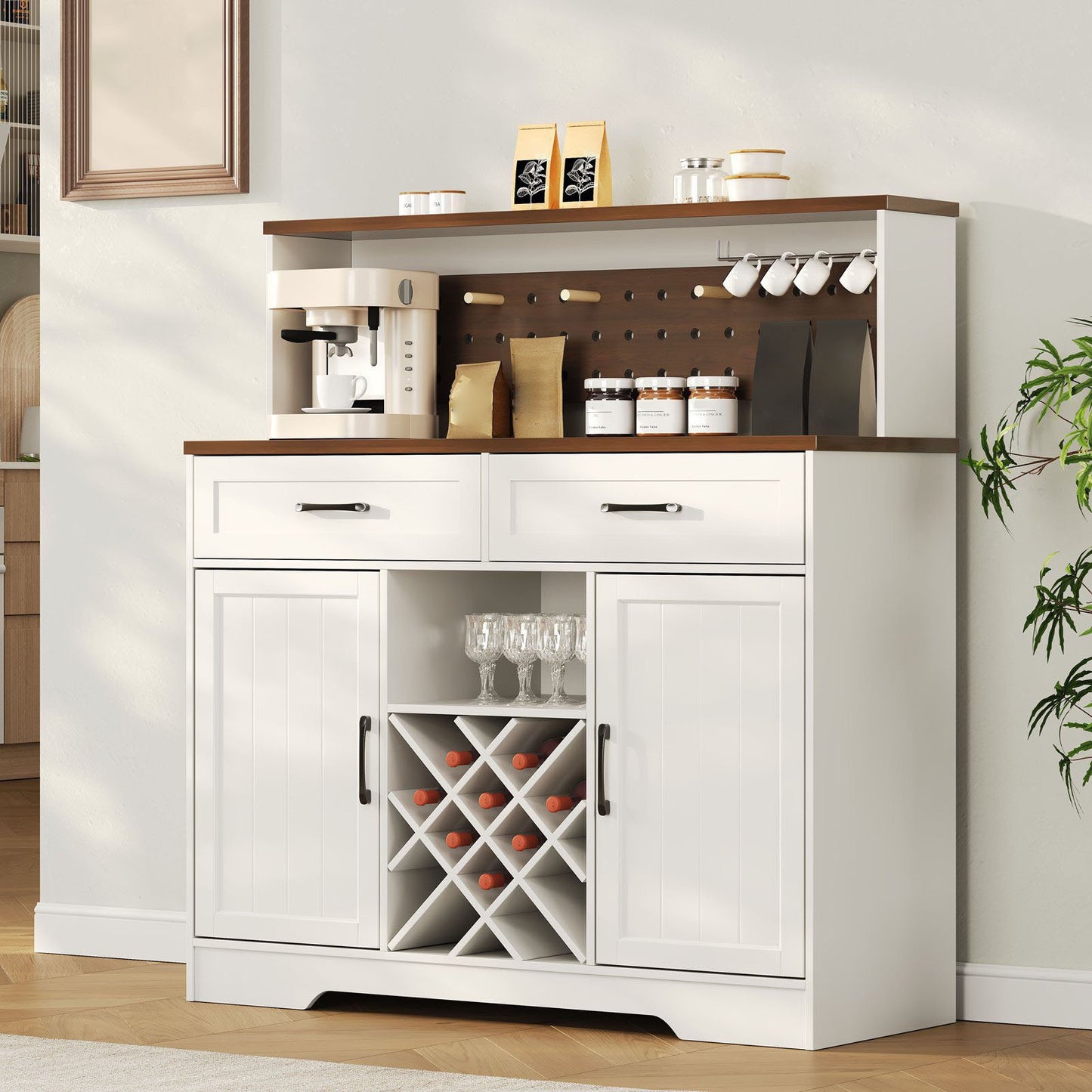 Two-door, three-drawer high-sideboard cabinet 01 US standard, dark walnut panel with white cabinet body