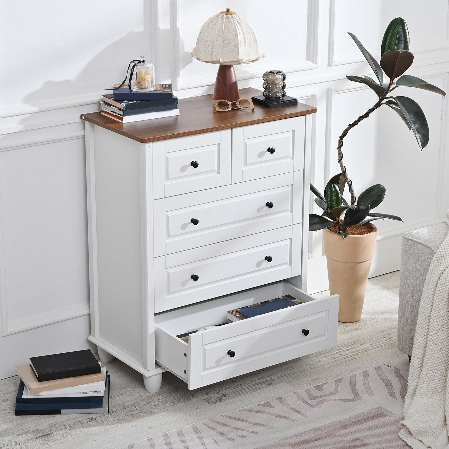 Bedroom White Dresser 4 Drawers Spacious Storage Organizer Chest with Brushed Metal Handle for Living Room