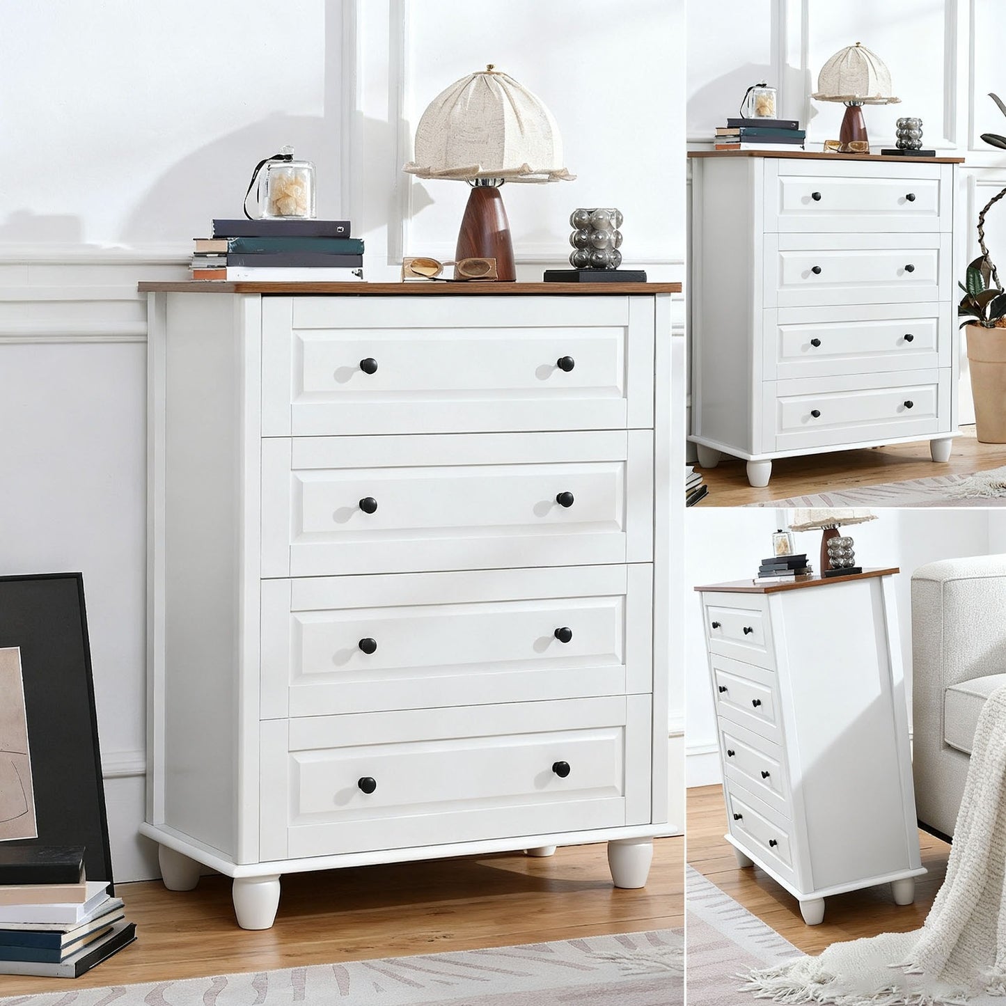 Bedroom White Dresser 4 Drawers Spacious Storage Organizer Chest with Brushed Metal Handle for Living Room