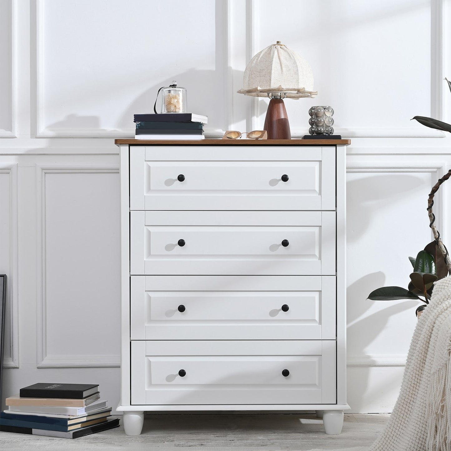 Bedroom White Dresser 4 Drawers Spacious Storage Organizer Chest with Brushed Metal Handle for Living Room