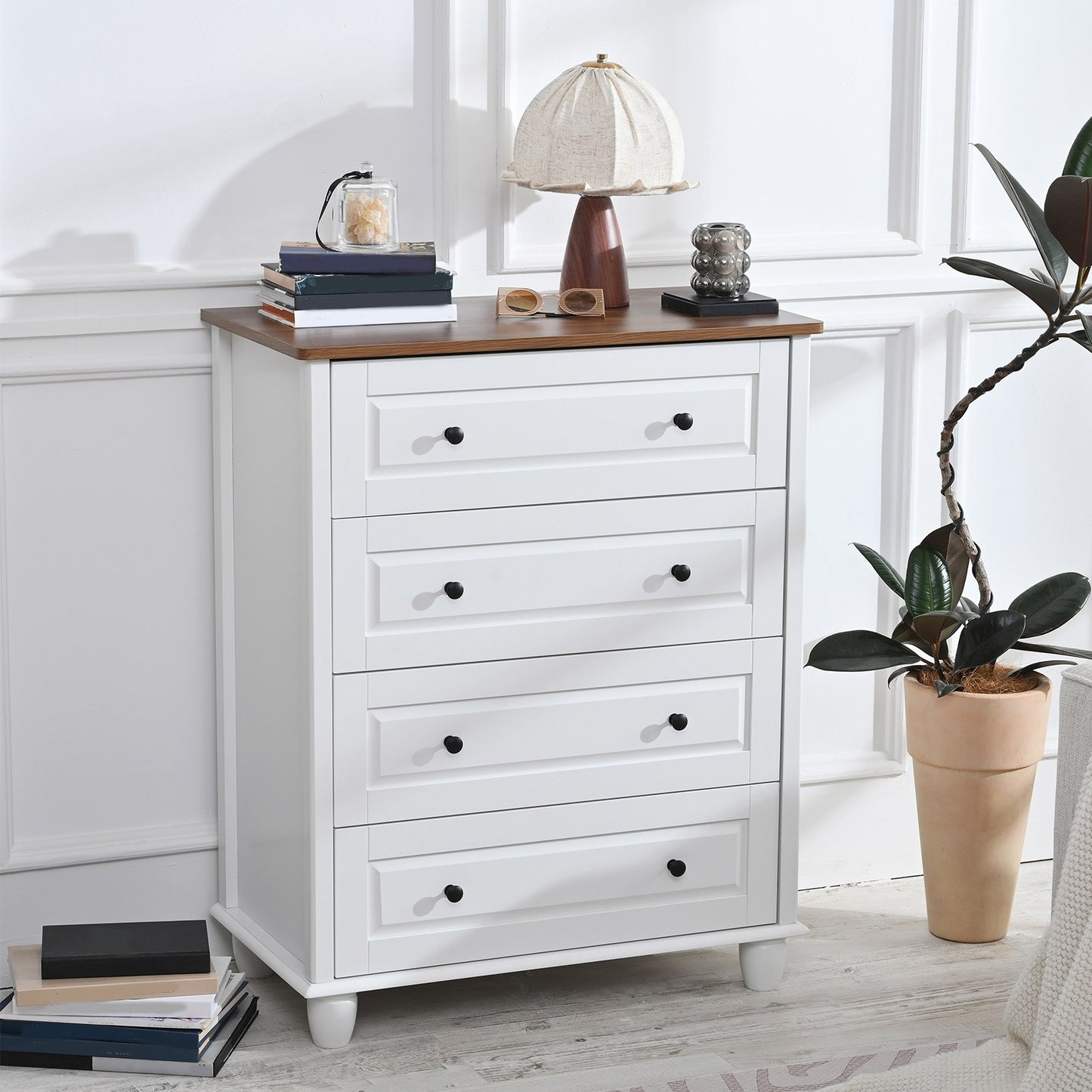 Bedroom White Dresser 4 Drawers Spacious Storage Organizer Chest with Brushed Metal Handle for Living Room