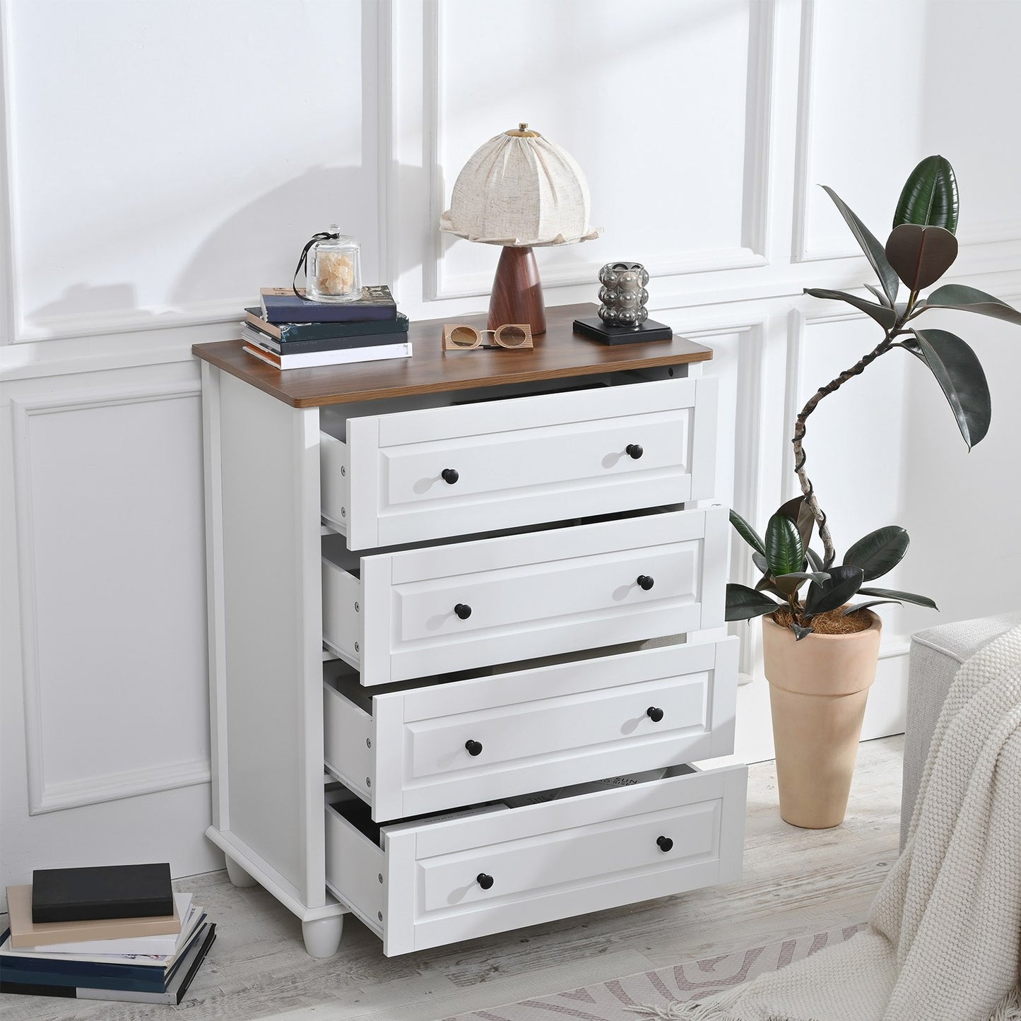 Bedroom White Dresser 4 Drawers Spacious Storage Organizer Chest with Brushed Metal Handle for Living Room