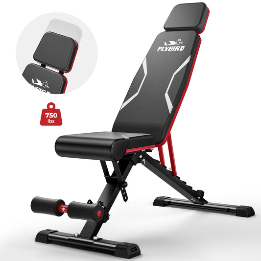 FLYBIRD Adjustable Weight Bench Fits up to 6'5'', 750LBS Capacity for Full Body Workout, 27LBS Sturdy Foldable Bench Press for Home Gym, 5X Stable Lifting Bench Incline Decline Flat Dumbbell Exercise