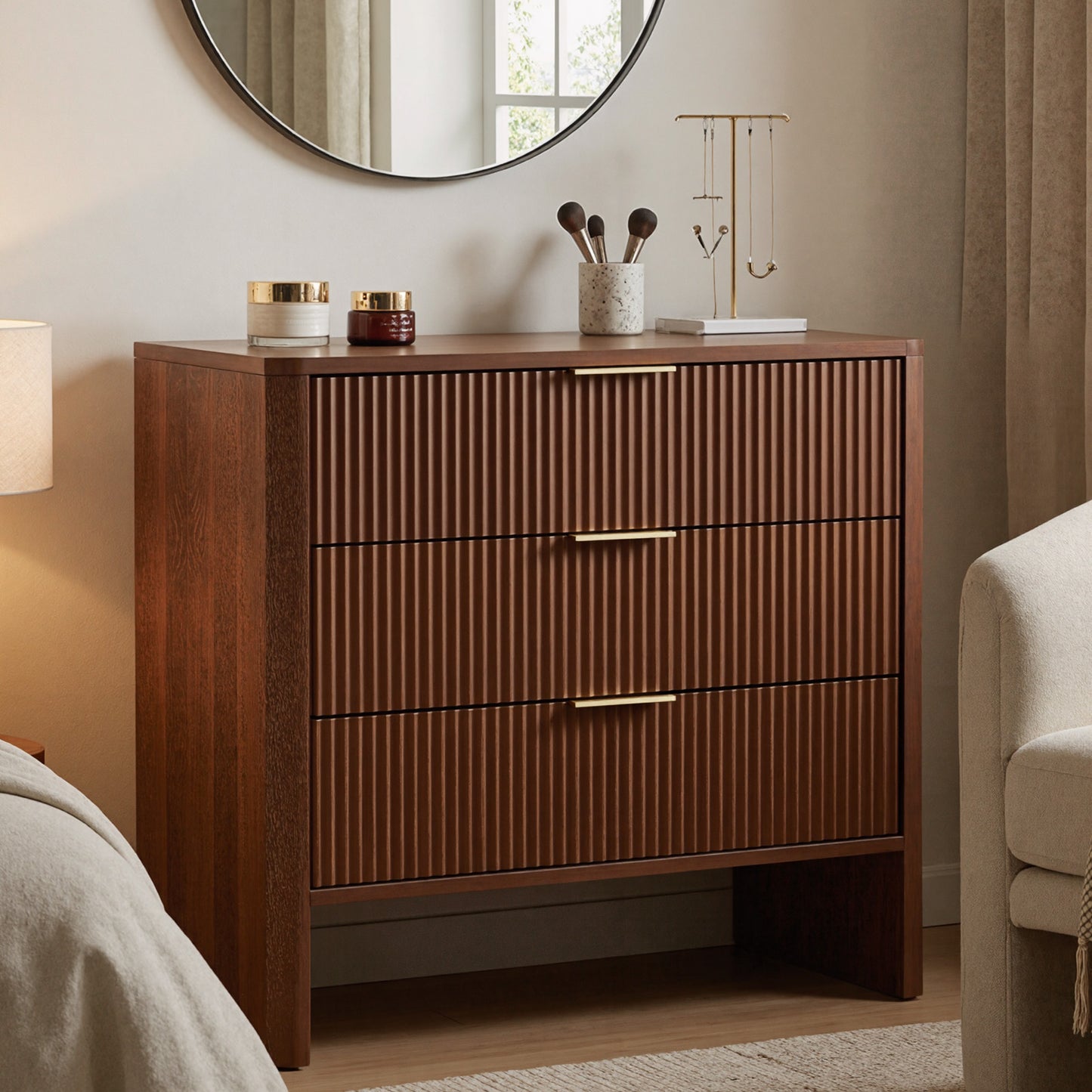 Wooden Cabinet with 3 Drawers Wavy Pattern Modern Bedside Cupboard Dressing Table for Bedroom 78CM Long Walnut Color