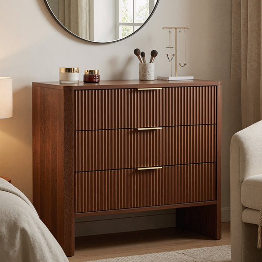 Wooden Cabinet with 3 Drawers Wavy Pattern Modern Bedside Cupboard Dressing Table for Bedroom 78CM Long Walnut Color
