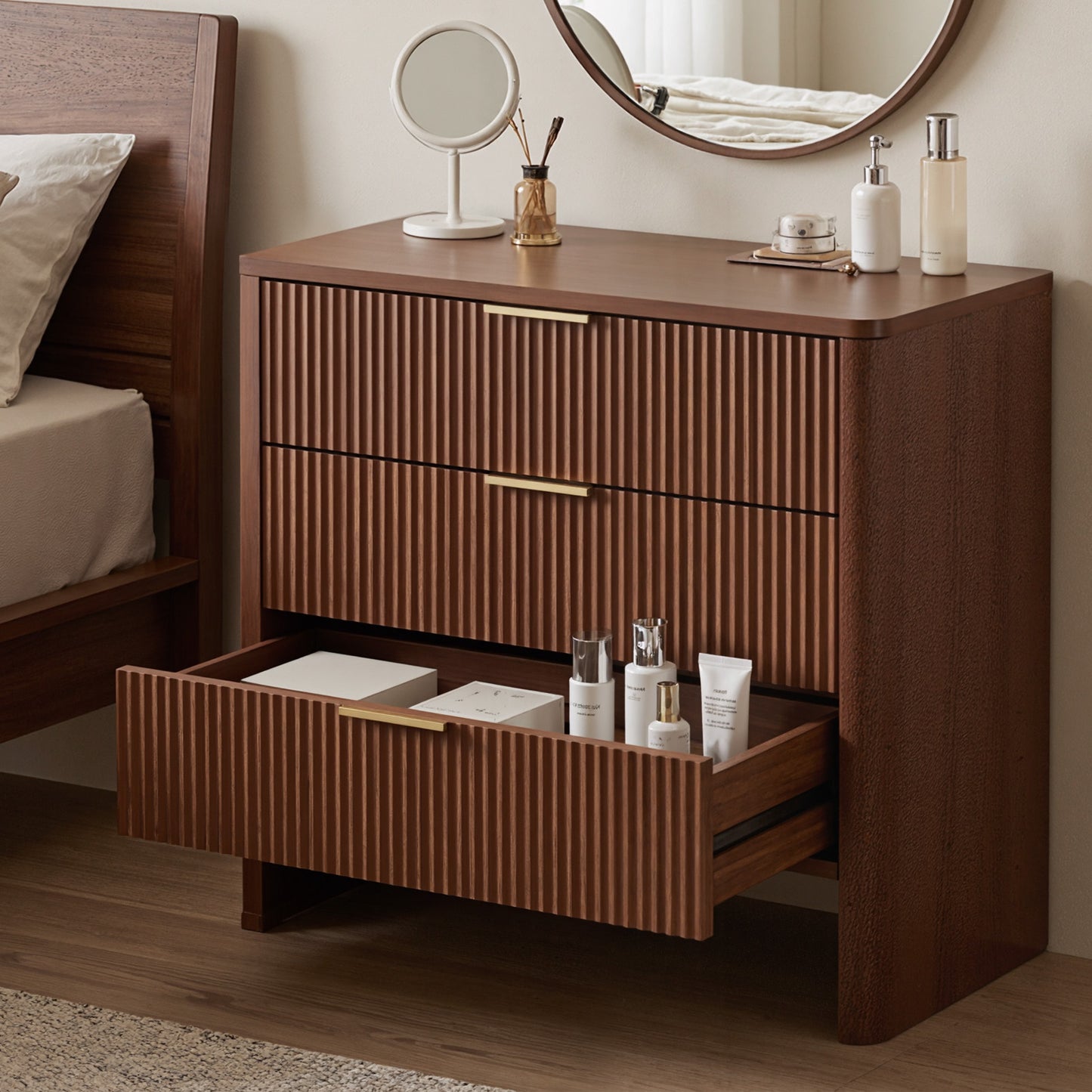 Wooden Cabinet with 3 Drawers Wavy Pattern Modern Bedside Cupboard Dressing Table for Bedroom 78CM Long Walnut Color