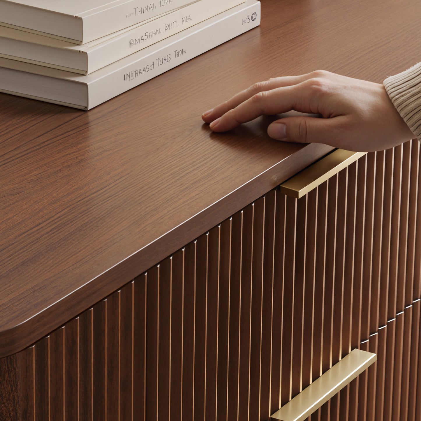 Wooden Cabinet with 3 Drawers Wavy Pattern Modern Bedside Cupboard Dressing Table for Bedroom 78CM Long Walnut Color
