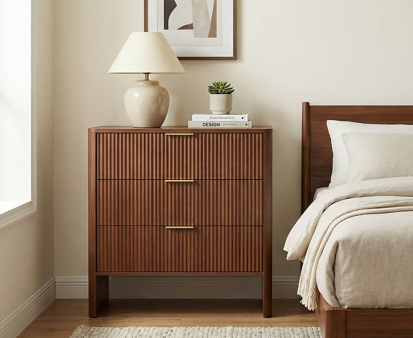 Wooden Cabinet with 3 Drawers Wavy Pattern Modern Bedside Cupboard Dressing Table for Bedroom 78CM Long Walnut Color