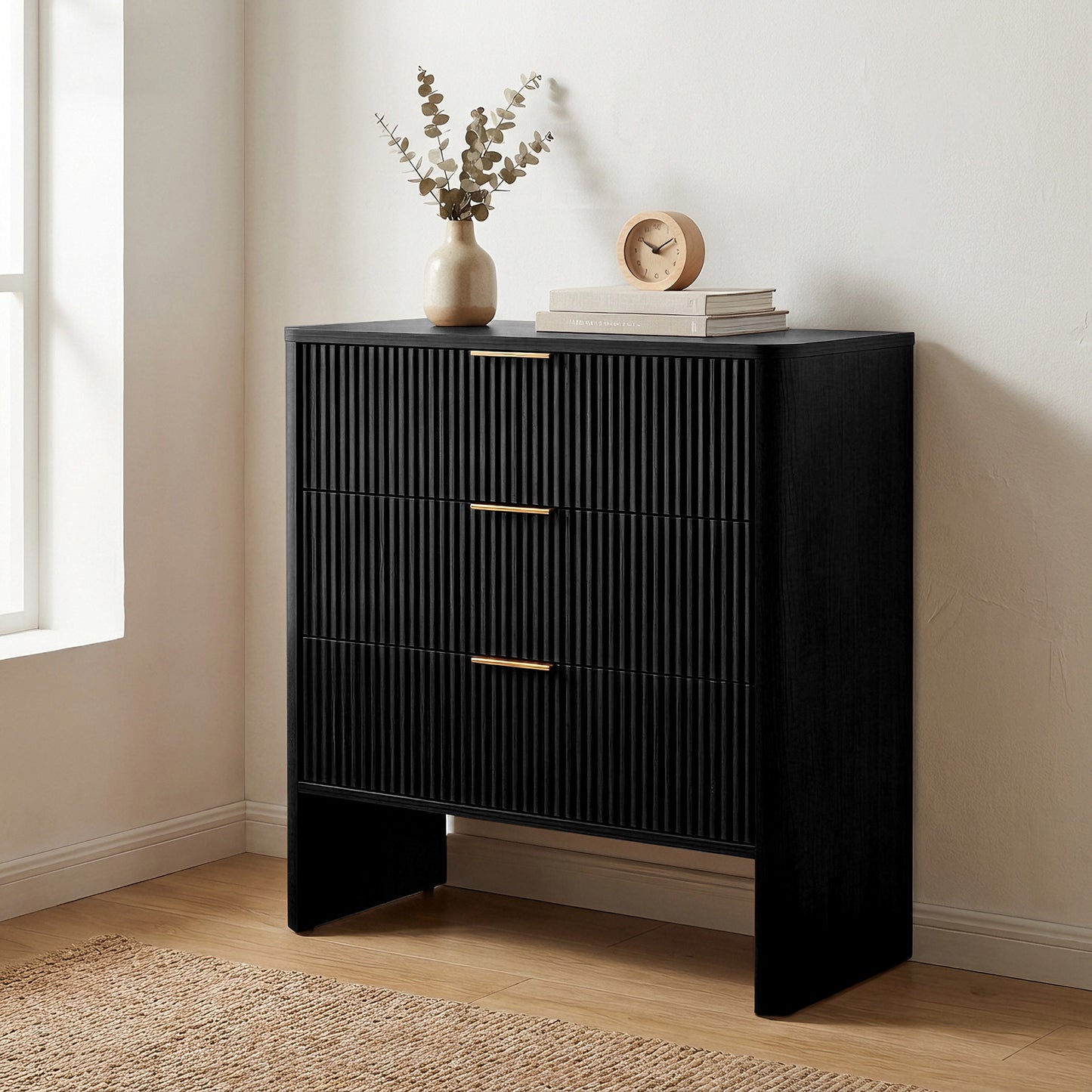 Wooden Cabinet with 3 Drawers Wavy Pattern Modern Bedside Cupboard Dressing Table for Bedroom 78CM Long Walnut Color