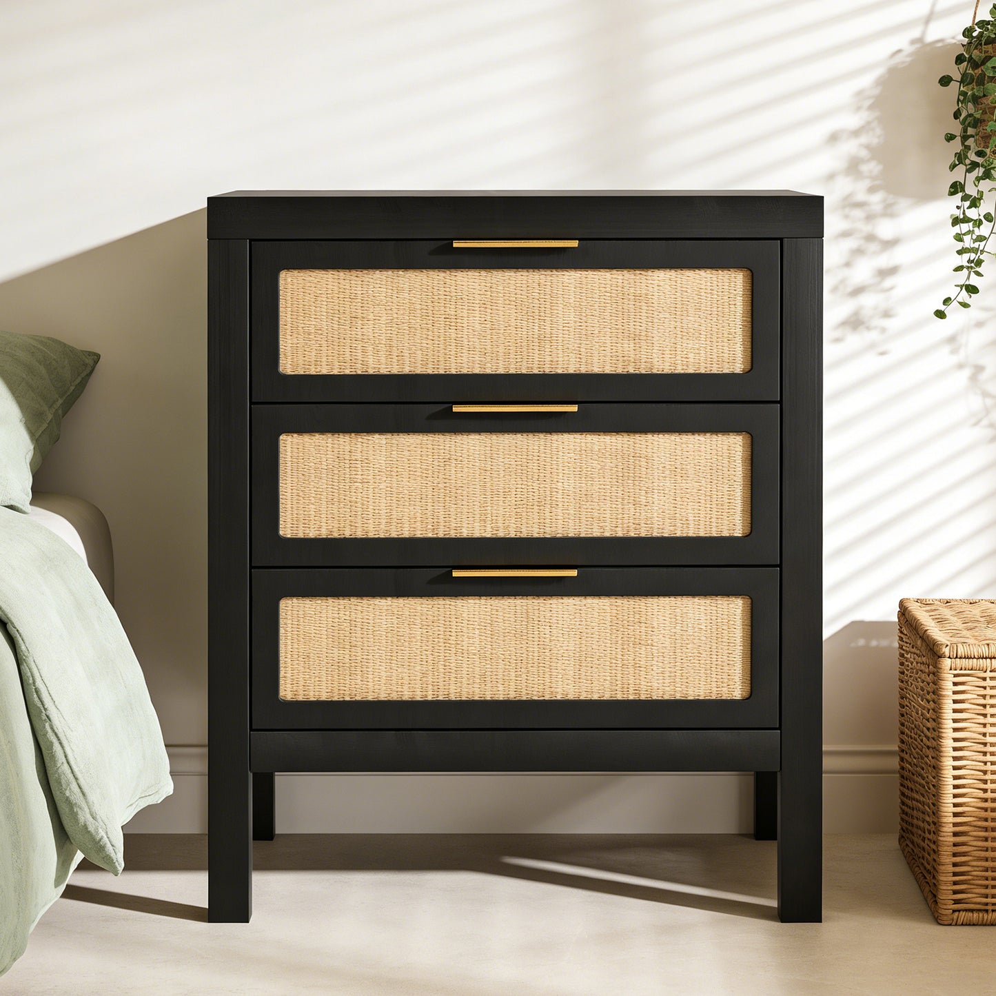 KOLIGEY Bedside Table 3 Layers Large Capacity Drawer Design Multifunctional Wooden Night Stand for Bedroom Walnut color