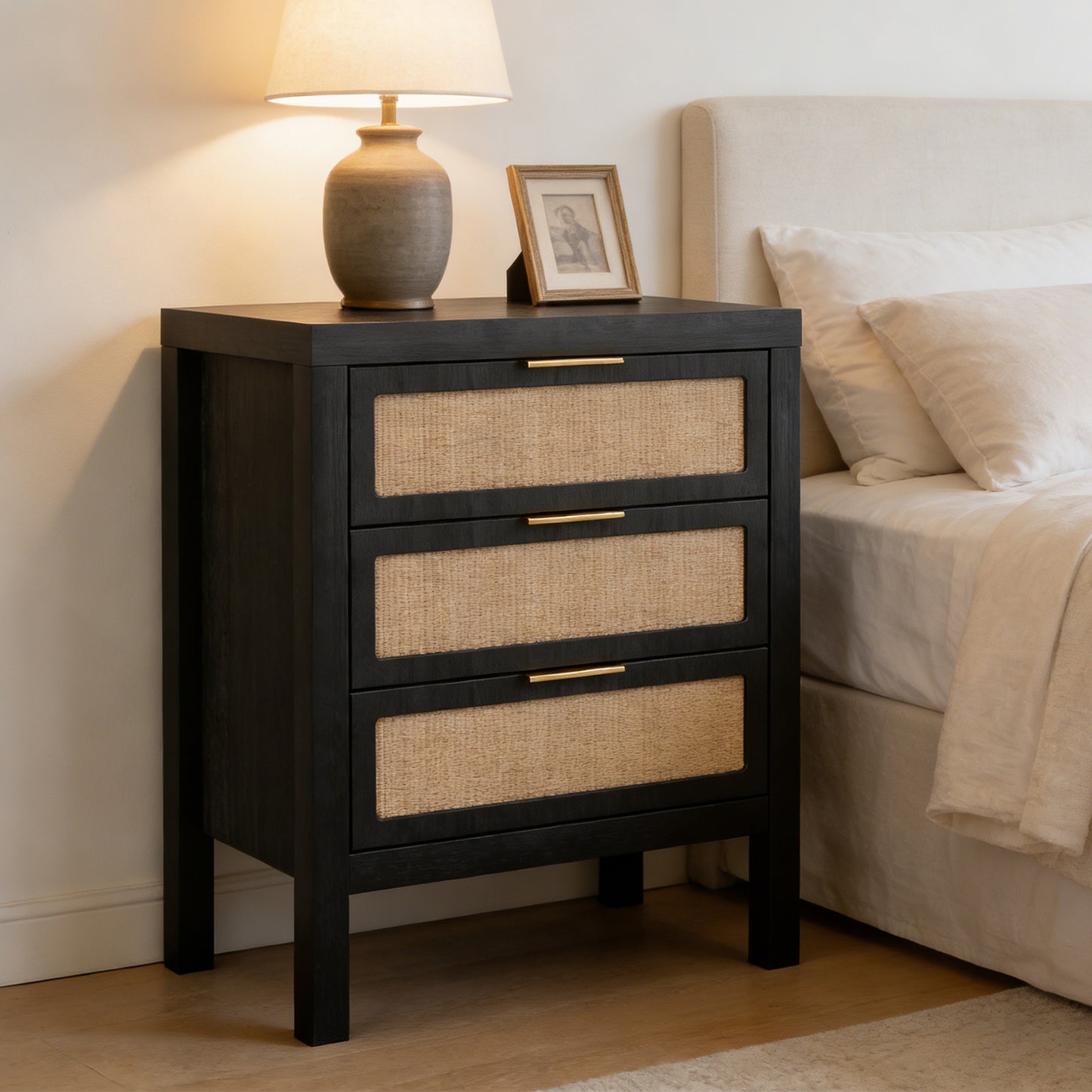 KOLIGEY Bedside Table 3 Layers Large Capacity Drawer Design Multifunctional Wooden Night Stand for Bedroom Walnut color