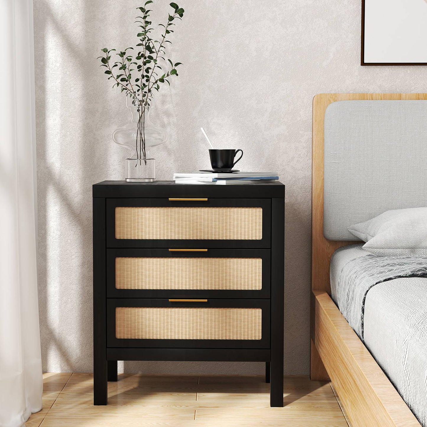 KOLIGEY Bedside Table 3 Layers Large Capacity Drawer Design Multifunctional Wooden Night Stand for Bedroom Walnut color