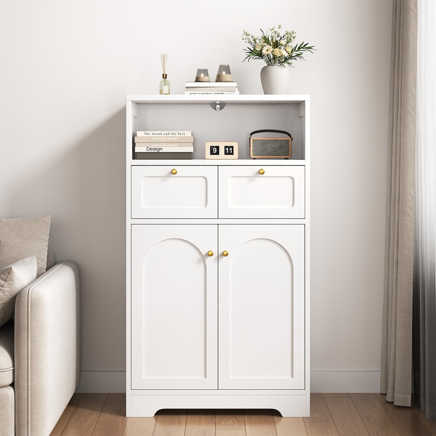 Modern Bathroom Floor Cabinet with Open Shelf 2 Doors 2 Drawers Storage Cabinet Cupboard for Living Room Kitchen Home Office White