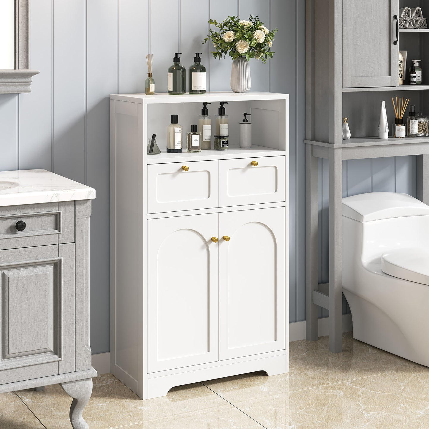 Modern Bathroom Floor Cabinet with Open Shelf 2 Doors 2 Drawers Storage Cabinet Cupboard for Living Room Kitchen Home Office White