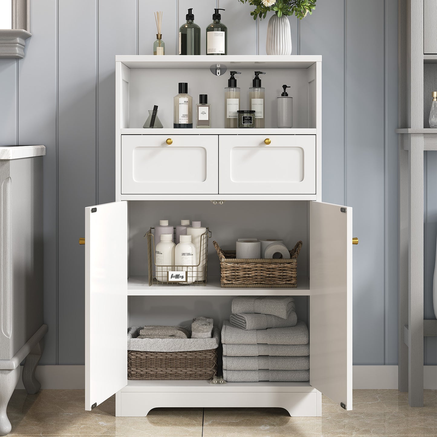 Modern Bathroom Floor Cabinet with Open Shelf 2 Doors 2 Drawers Storage Cabinet Cupboard for Living Room Kitchen Home Office White